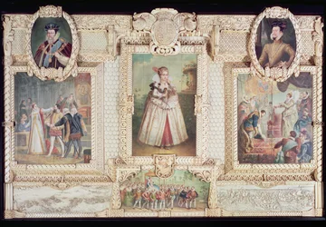 Collection of Six Miniatures Depicting Queen Elizabeth I, Figures and Scenes from Her Life
